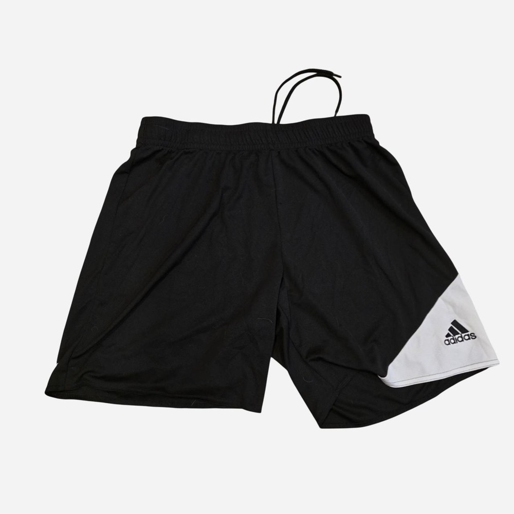Adidas black shorts with white panel on the lower right leg, size L